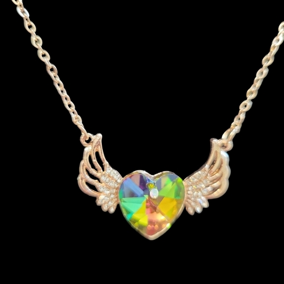 Gold Winged Heart Necklace Rainbow Colors - Picture 5 of 9